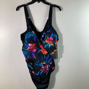 Womens Trimshaper One‎ Piece Floral Drape Swimsuit Lined 24W NWT